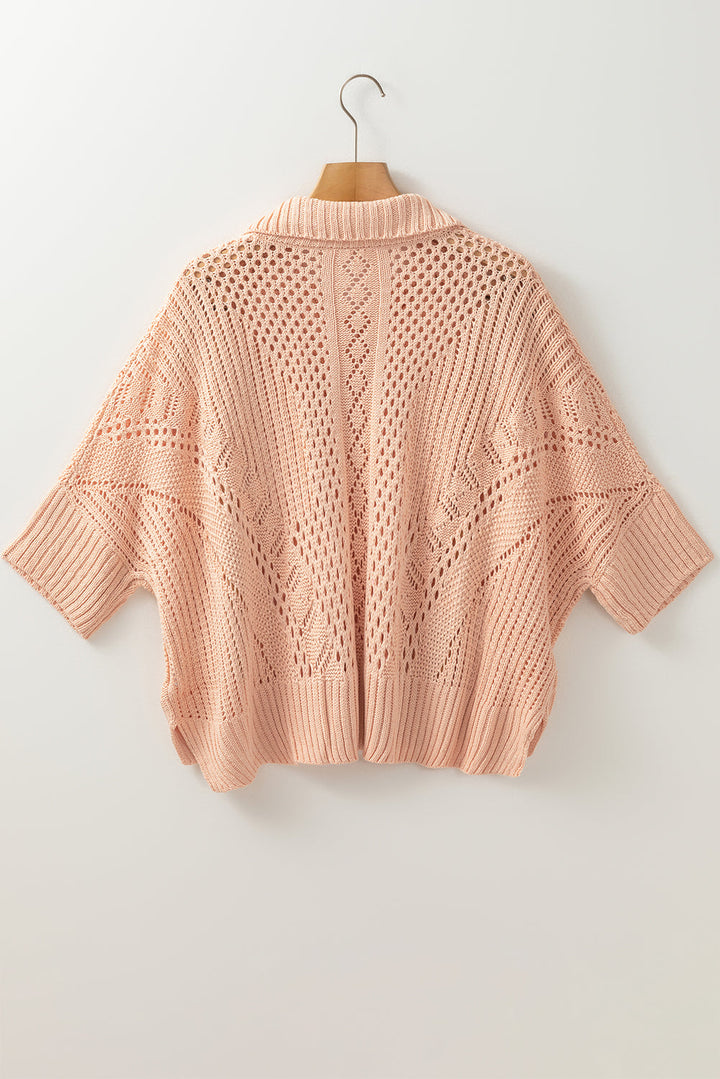 Hollowed Knit 3/4 Dolman Sleeve Buttoned Collared Sweater