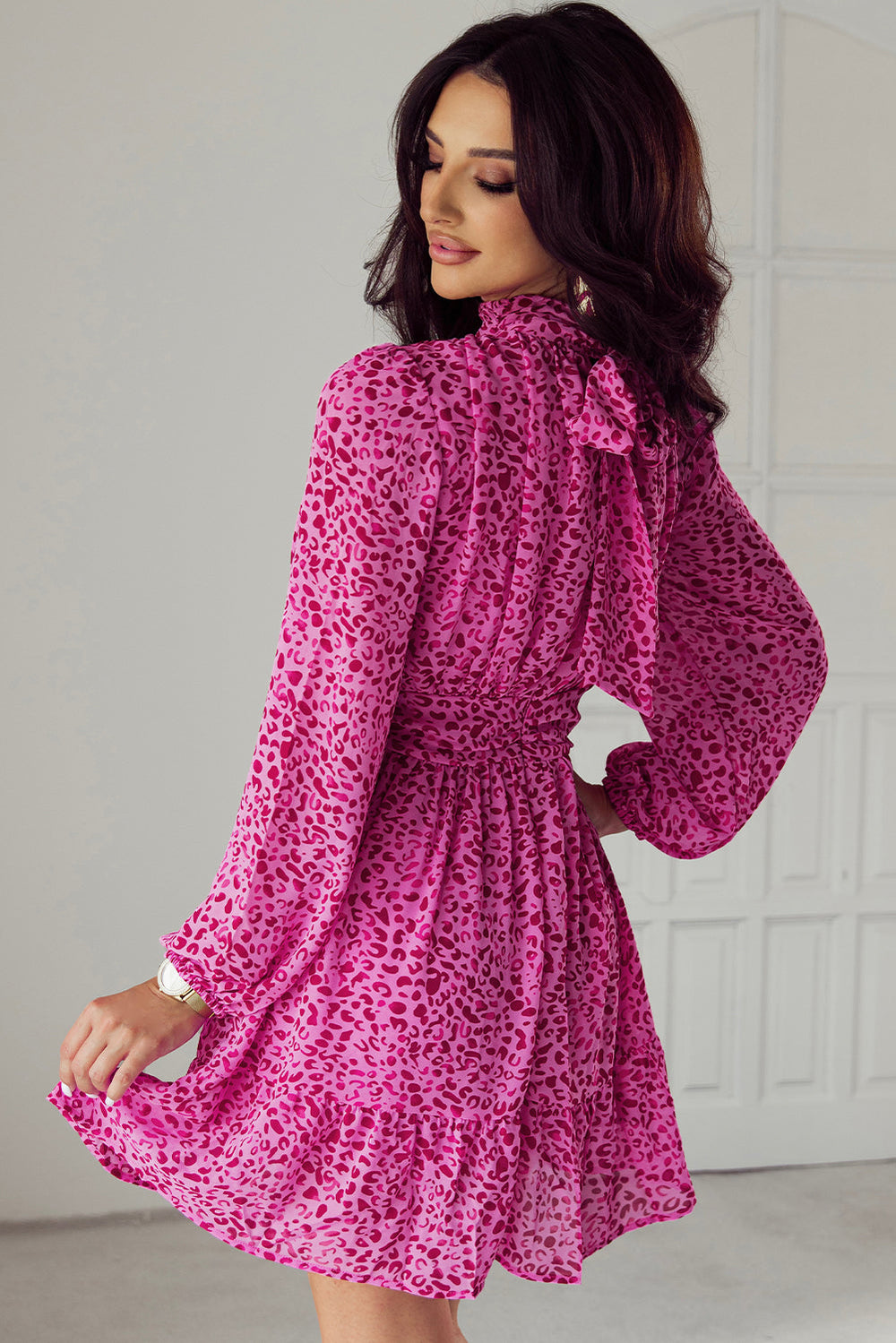 Leopard Puff Sleeve Knotted High Neck Ruffle Dress