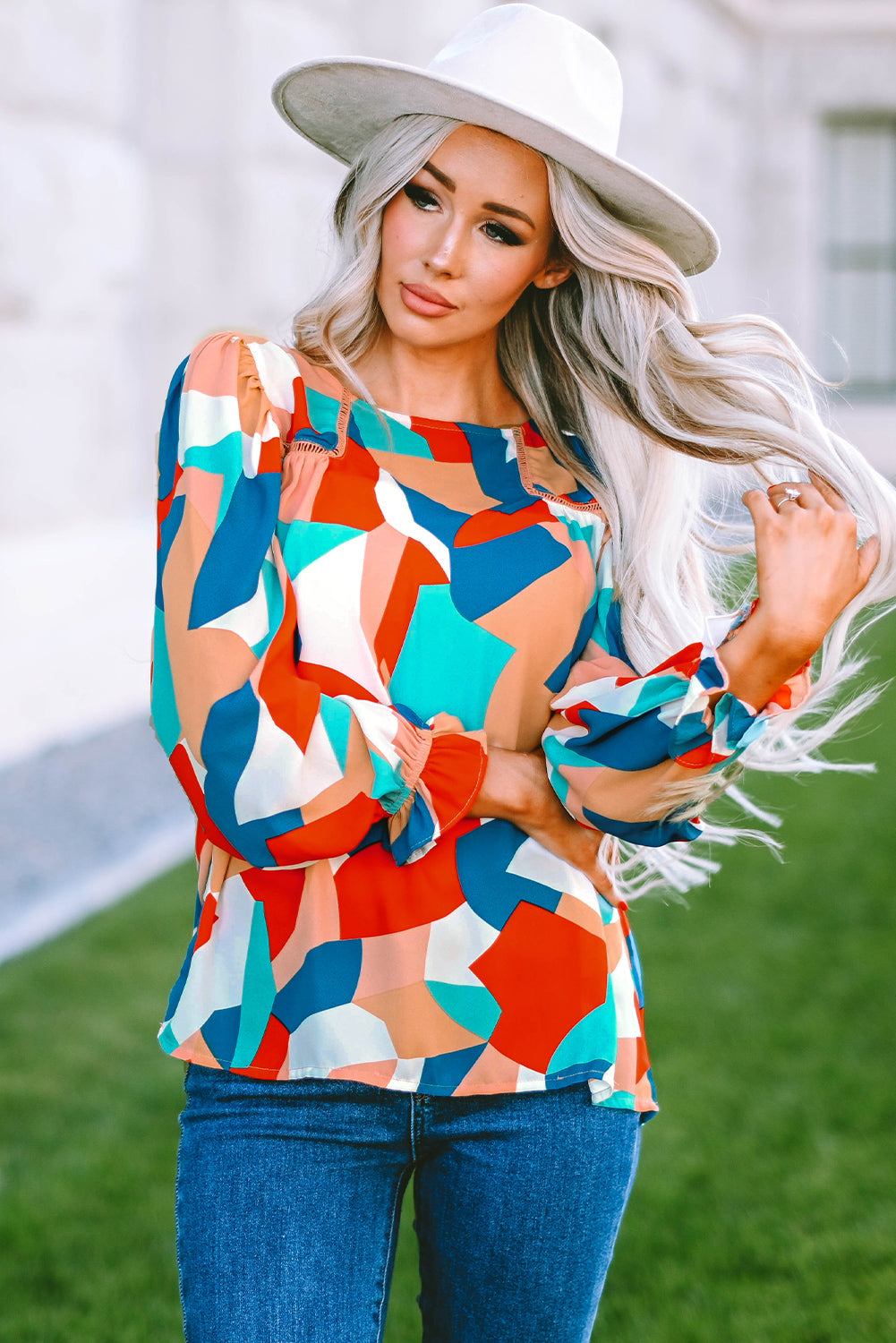 Abstract Pattern Crewneck Ruffled Puff Sleeve Blouse