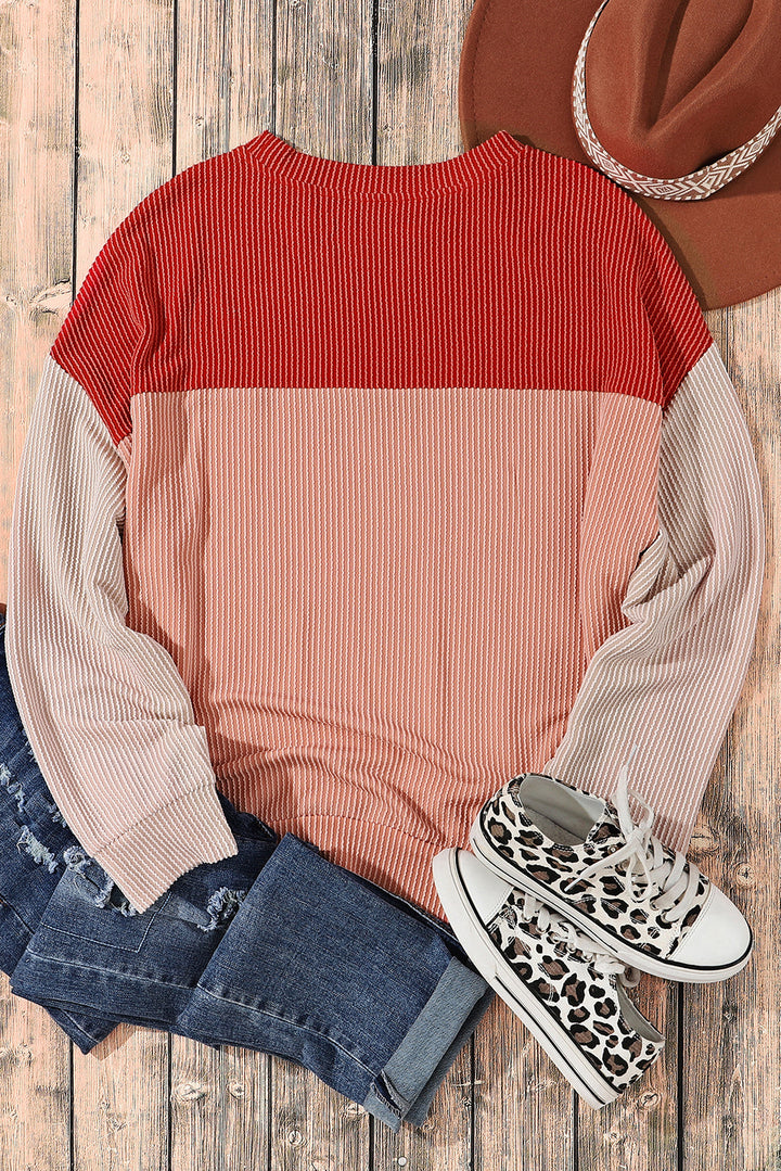 Color Block Long Sleeve Ribbed Loose Top