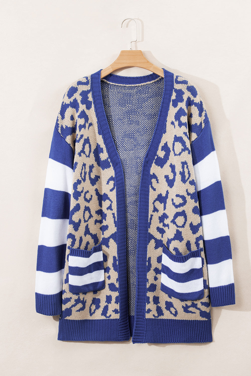 Stripe Sleeve Leopard Print Open Front Cardigan With Pockets