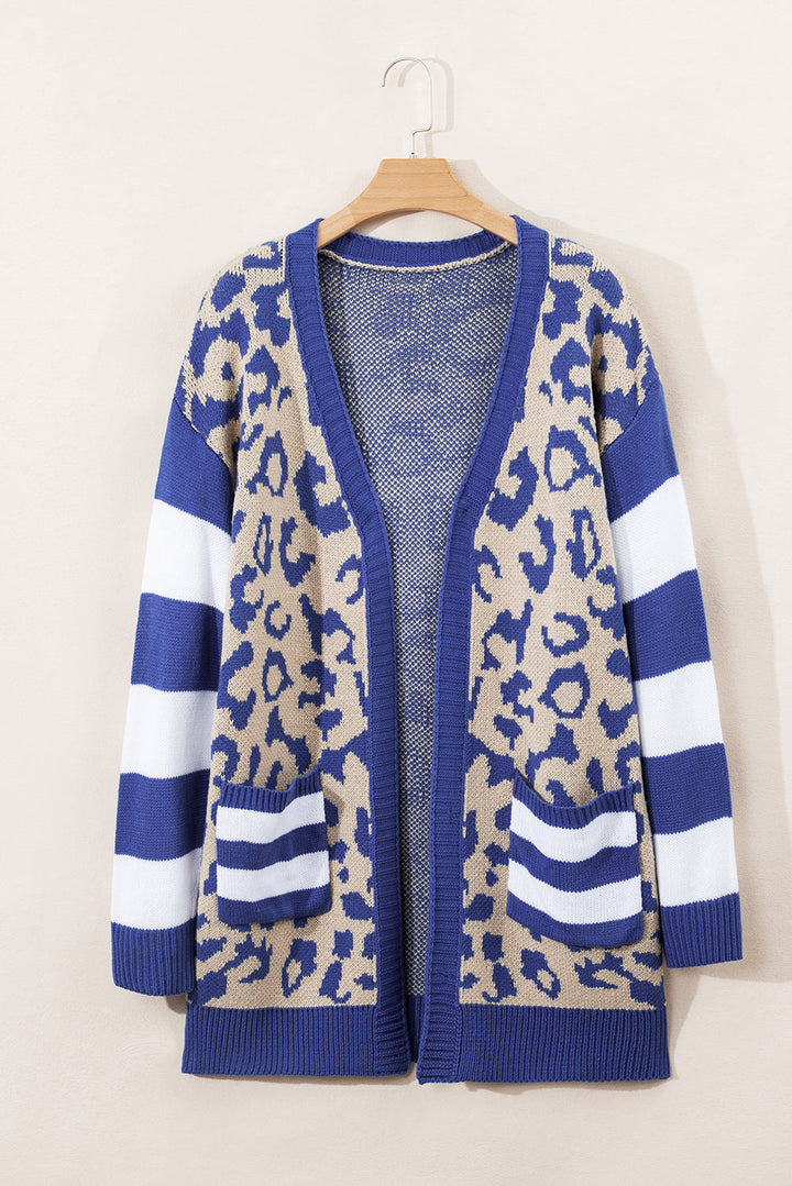 Stripe Sleeve Leopard Print Open Front Cardigan With Pockets