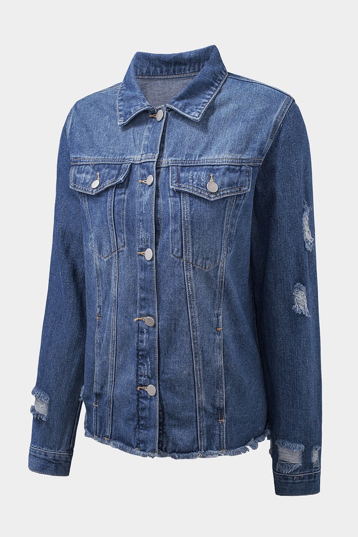 Distressed-Jeansjacke aus Raw Denim mit Revers