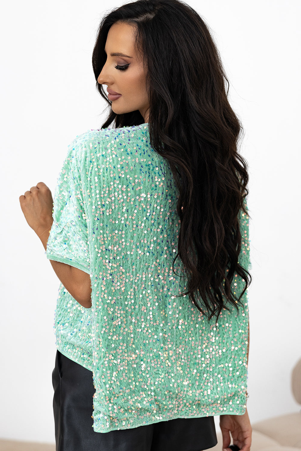 Sequin Batwing Sleeve V Neck Velvet Blouse