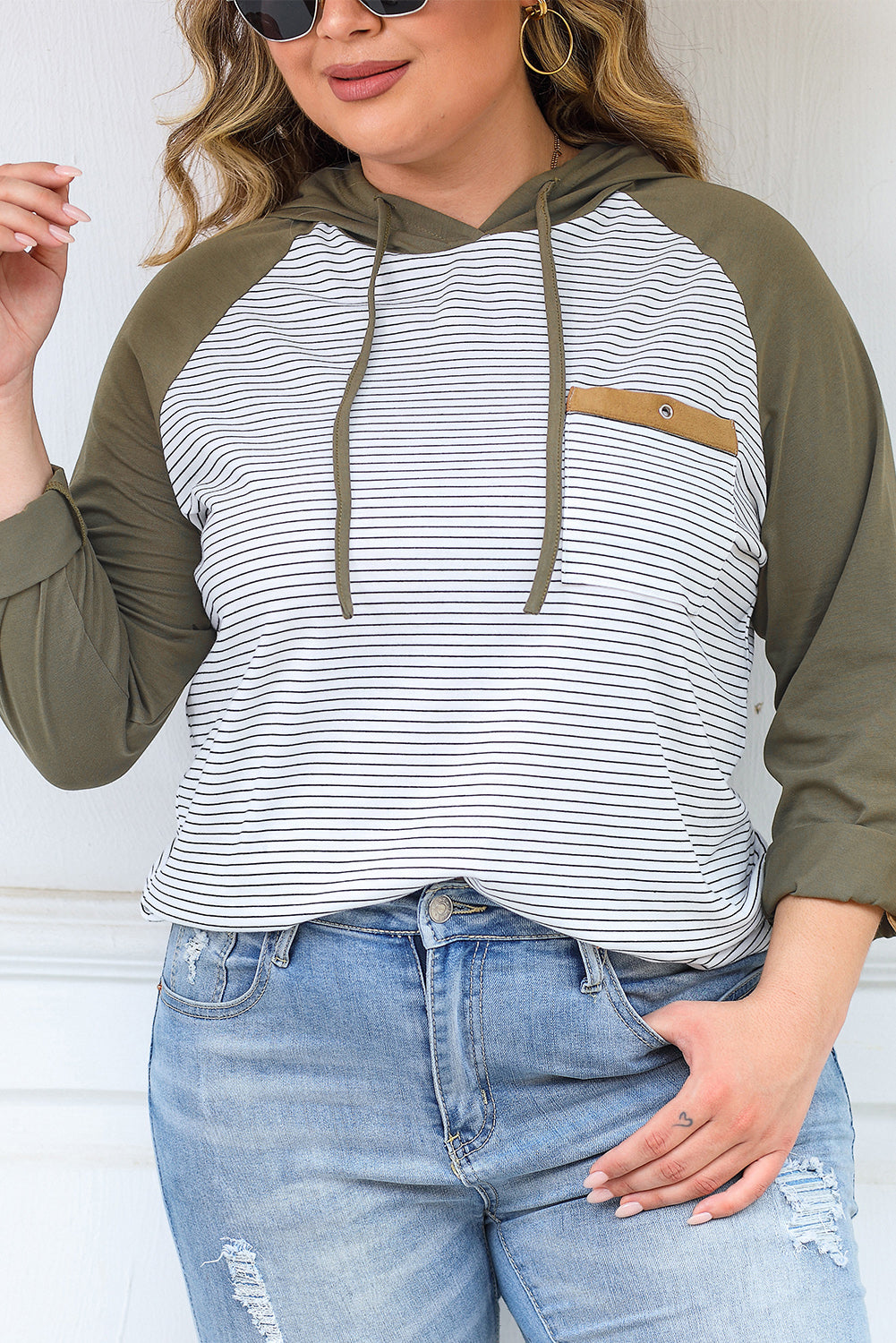 Striped Raglan Sleeve Buttoned Pocket Plus Size Hoodie