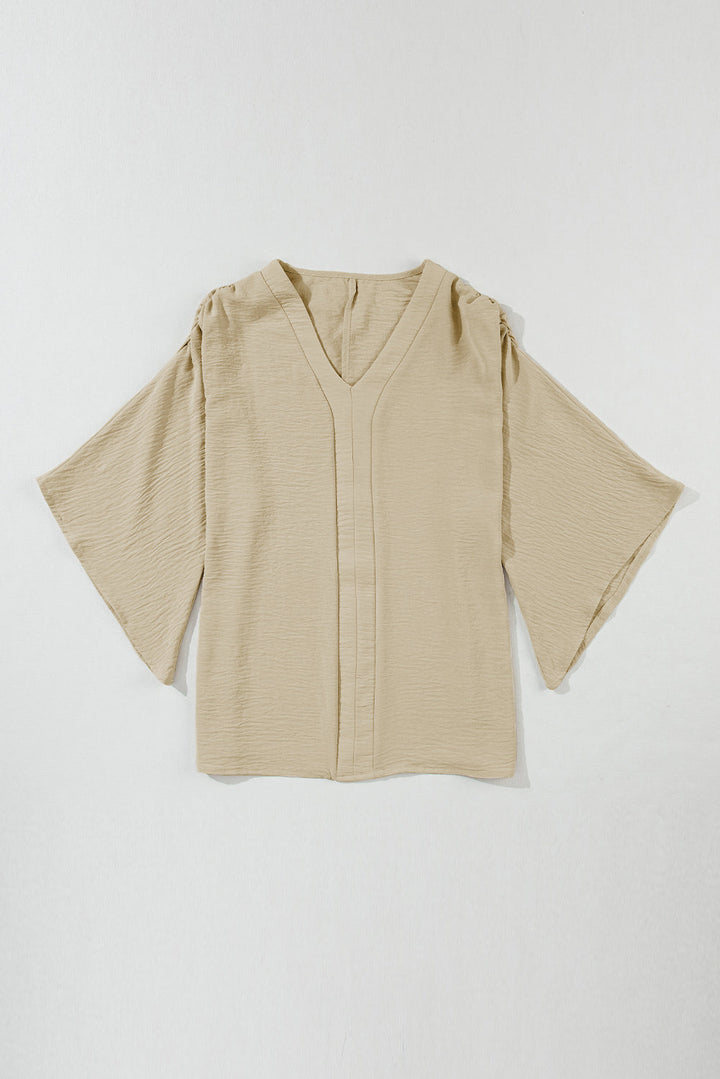 Solid V Neck Wide Sleeve Crinkled Blouse