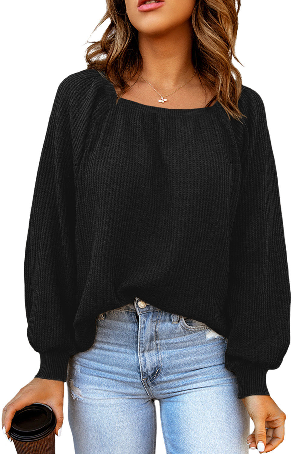 Scoop Neck Puff Sleeve Waffle Knit Top