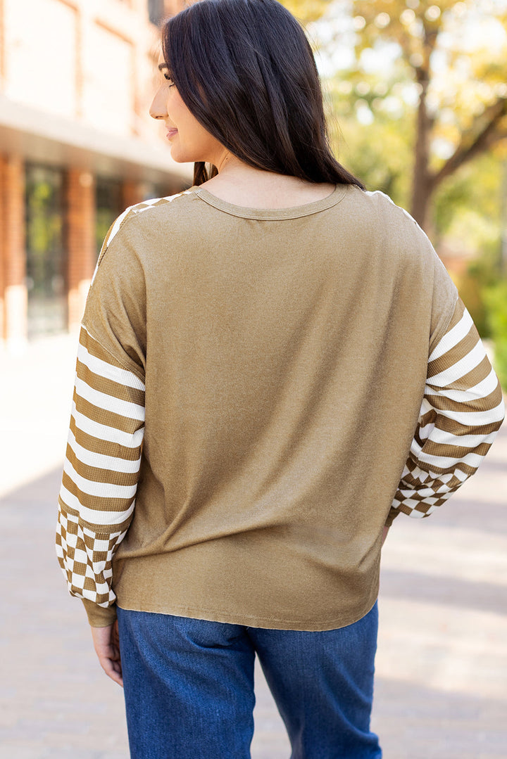 Checkerboard Striped Patchwork Lantern Sleeve Pocketed Blouse