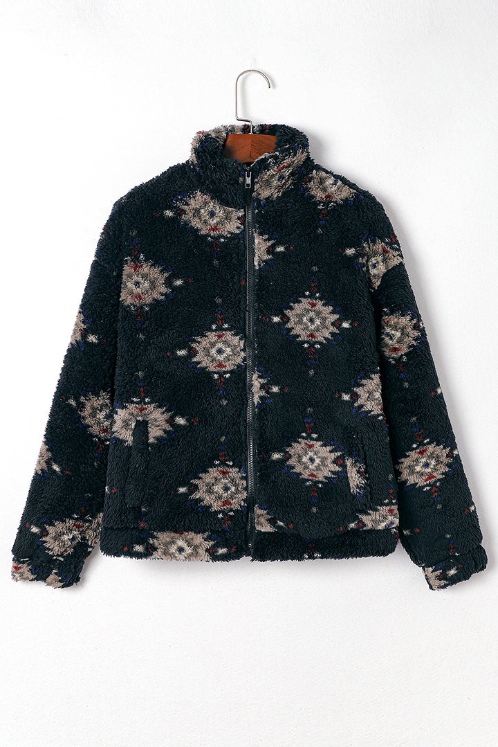 Aztec Pattern Zipper Collared Sherpa Jacket