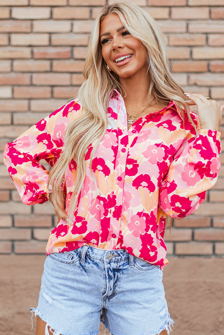 Blooming Floral Print Puff Sleeve Buttoned Shirt