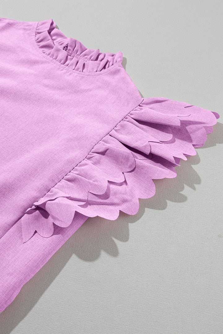 Bright Pink Solid Color Scalloped Ruffle Sleeve Top