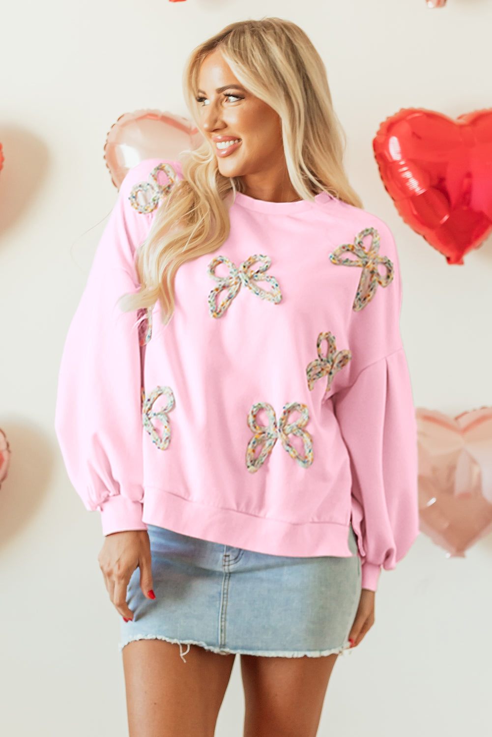 Embroidered Bow Lantern Sleeve Oversized Pullover Sweatshirt