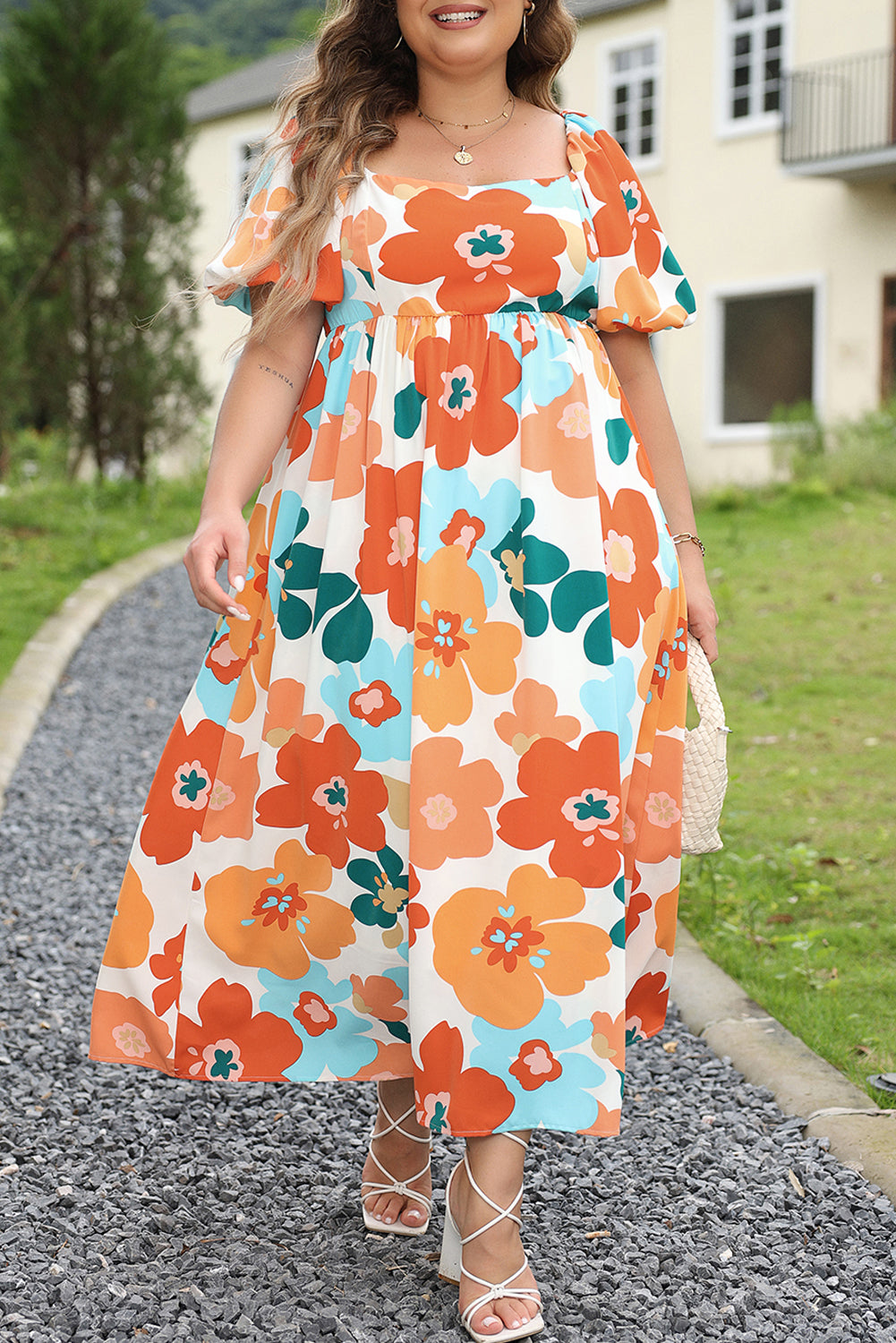 Plus Size Flower Shirred Maxi Dress