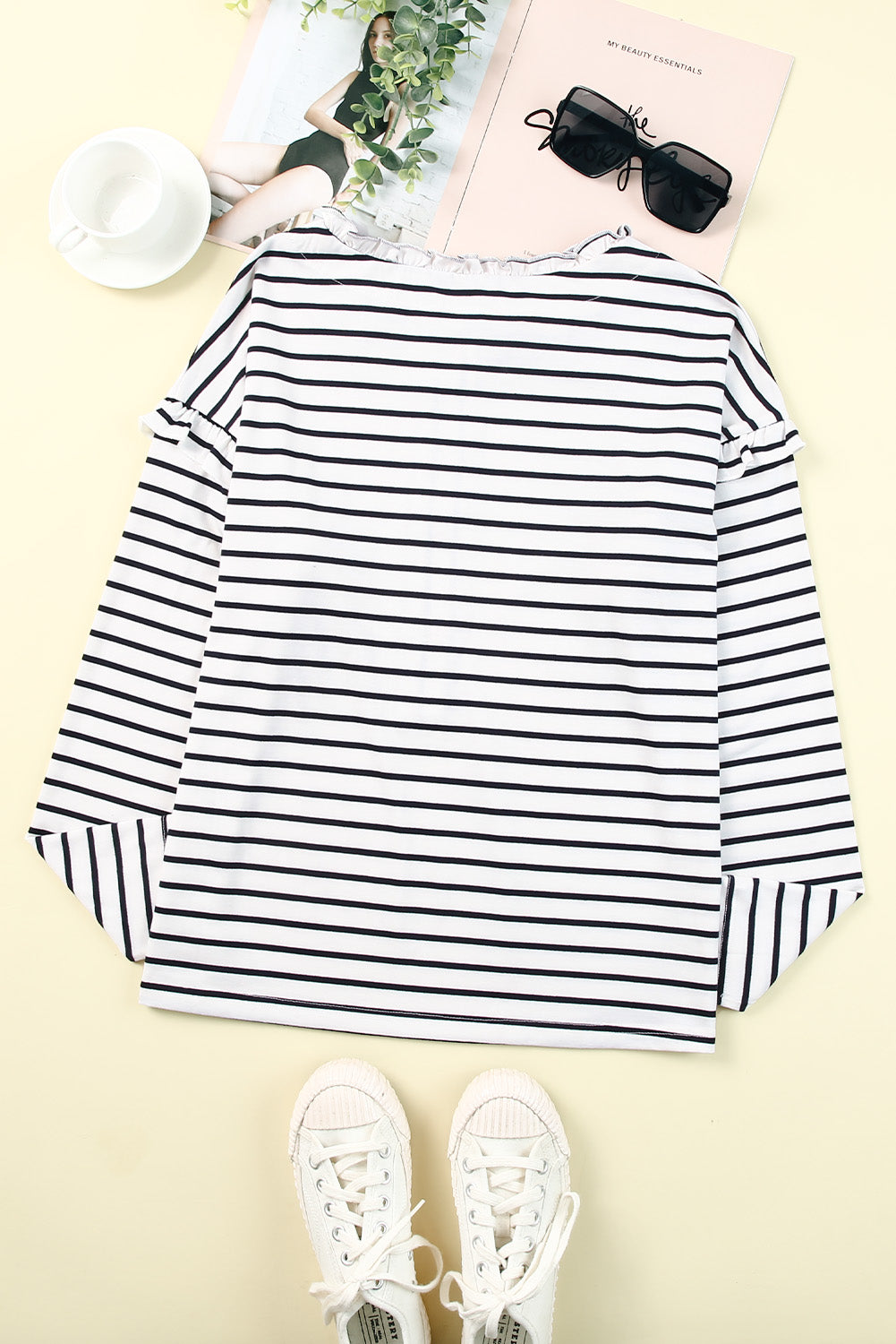 Striped Print Ruffled Buttoned Long Sleeve Top