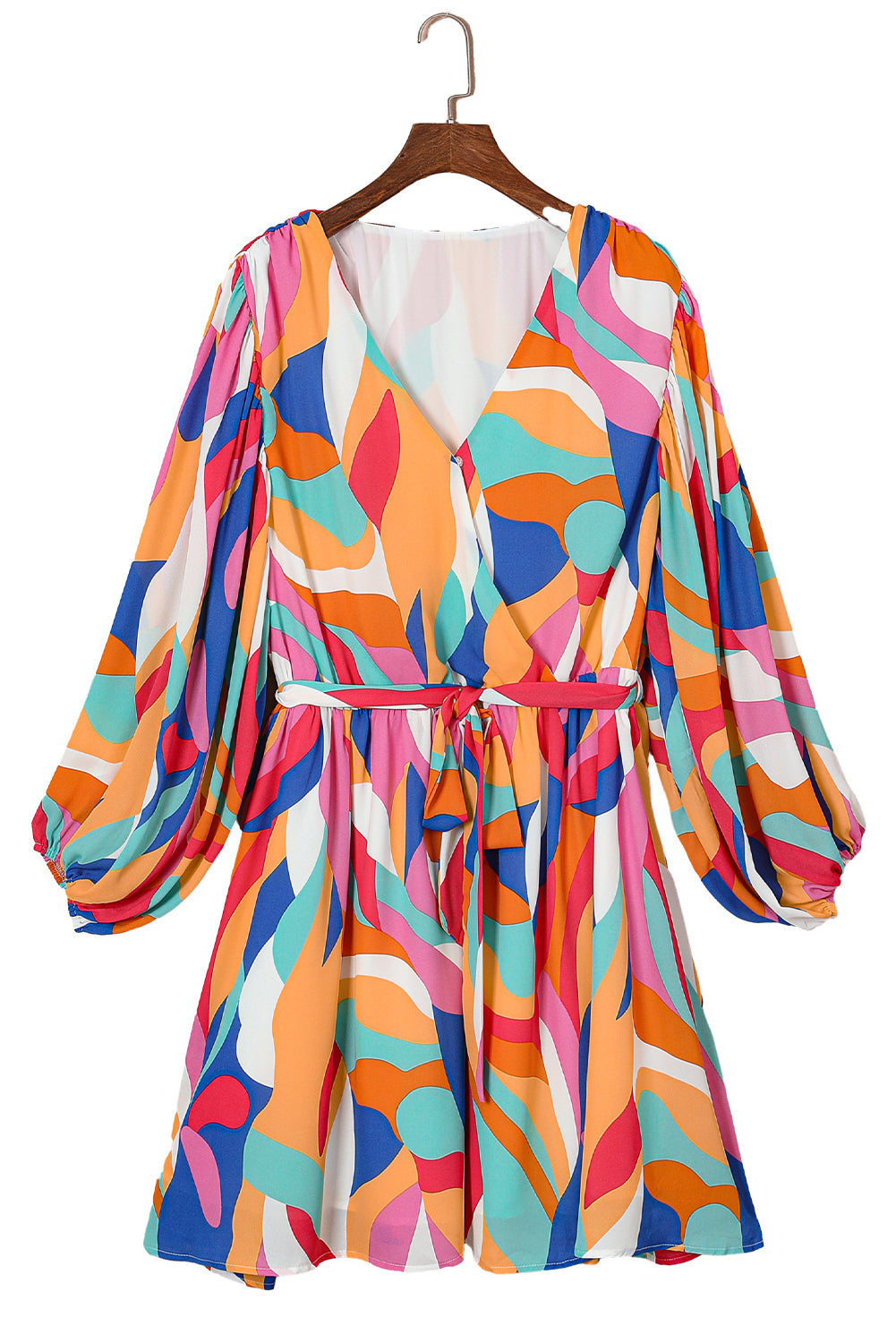 Plus Size Abstract Print Oversized Sleeve Belted Dress