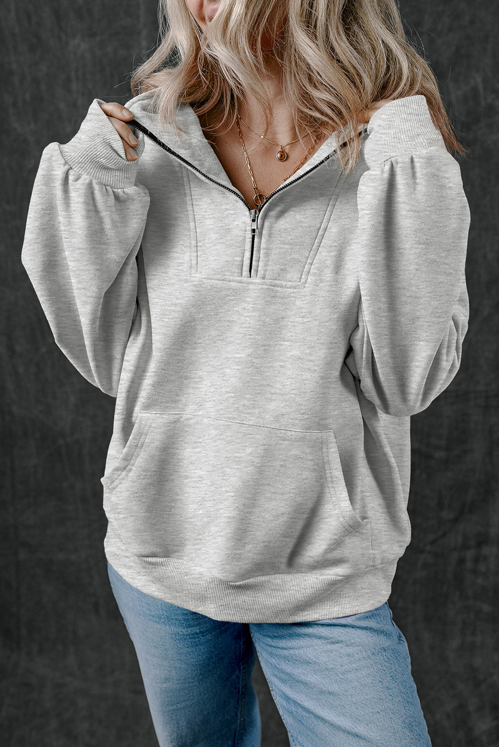 Zip-up Stand Neck Kangaroo Pocket Sweatshirt