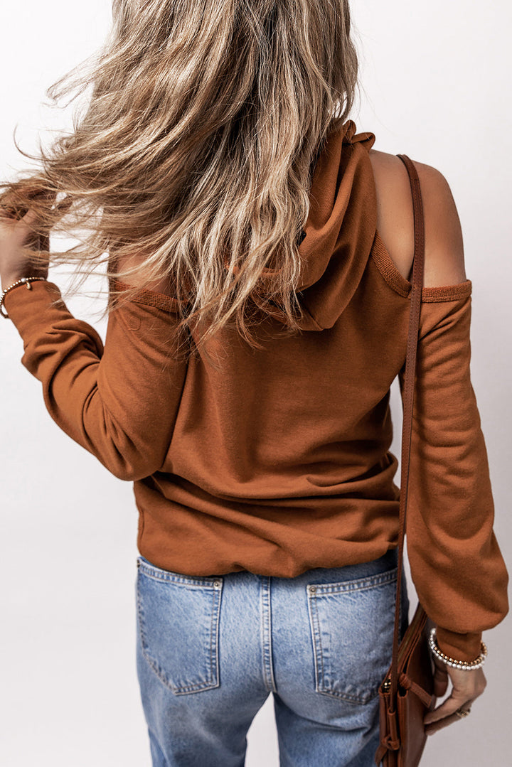 Exposed Seam Cold Shoulder Drawstring Hoodie