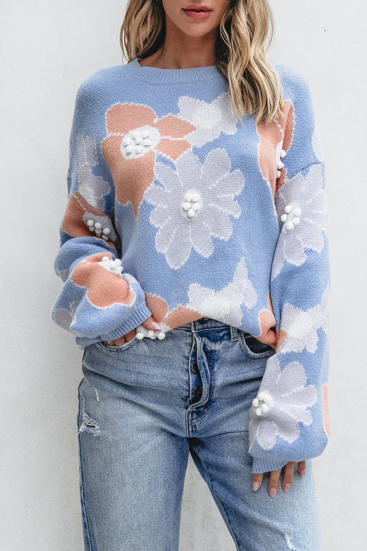 Floral O Neck Drop Shoulder Knitted Sweater