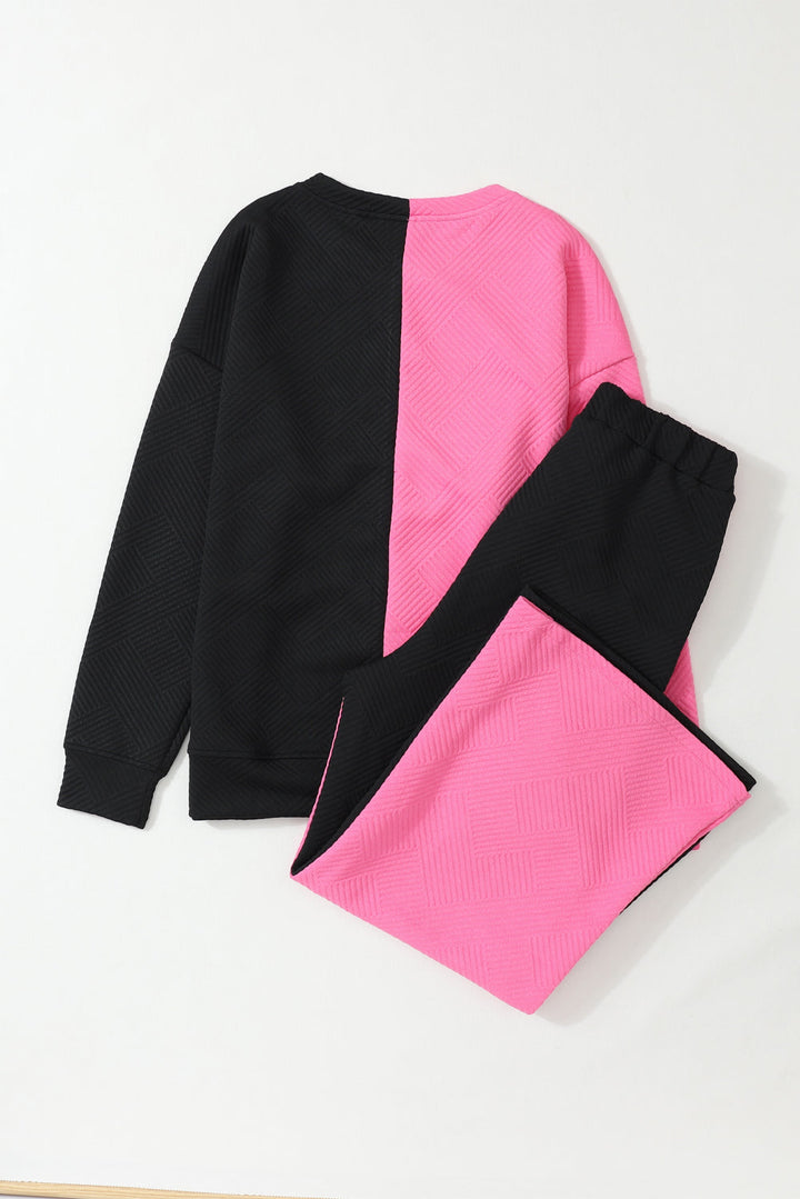 Contrast Color Block Textured Casual 2pcs Outfit