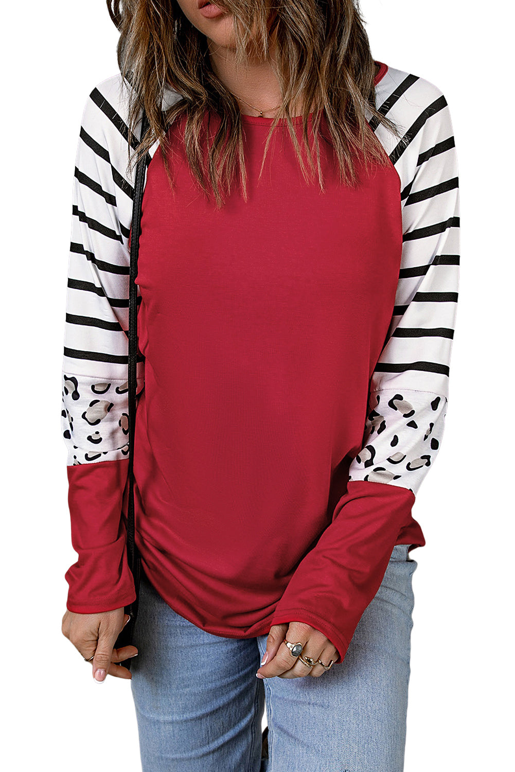 Red Striped Animal Print Colorblock Long Sleeve Top