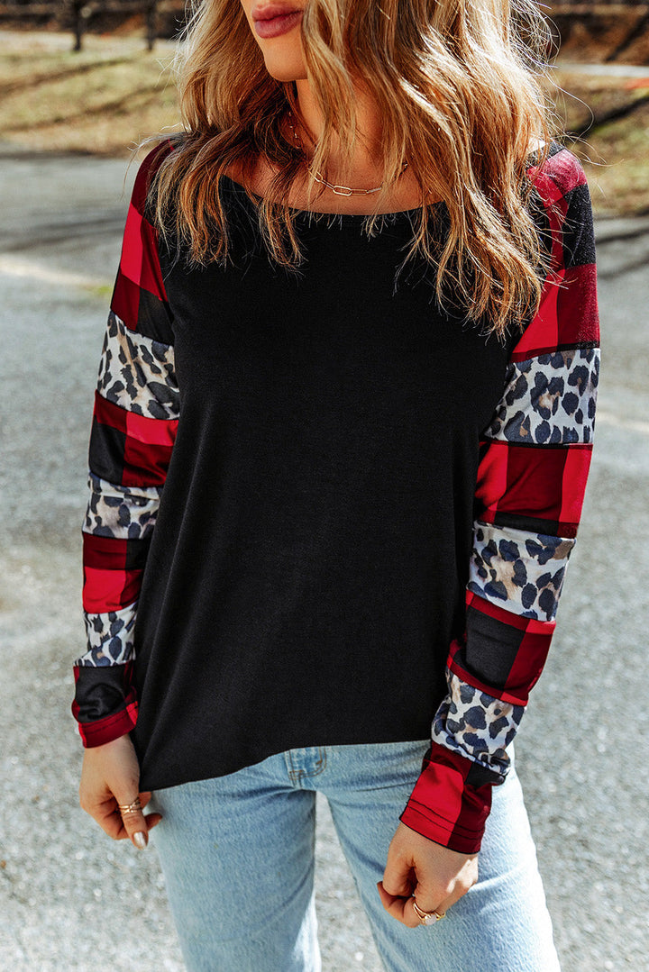 Off Shoulder Plaid&Leopard Print Long Sleeve Top