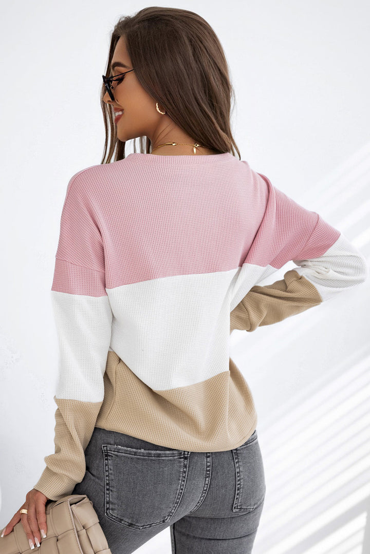 Colorblock Waffle Knit Long Sleeve Top