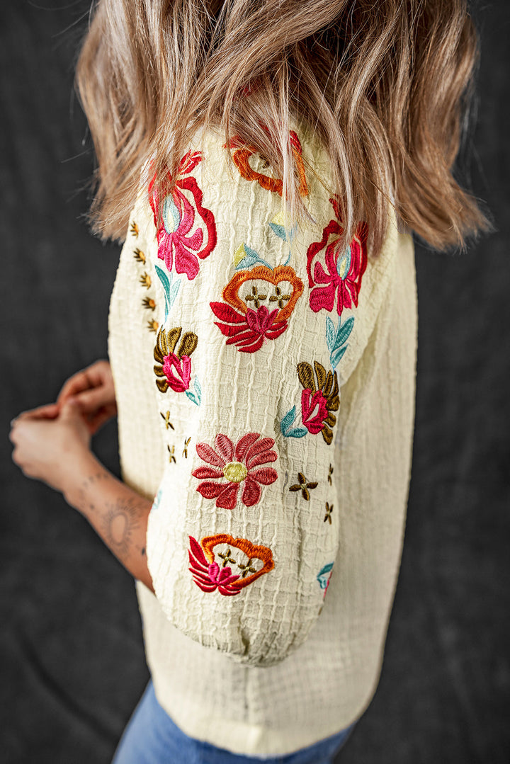 Floral Embroidered Ricrac Puff Sleeve Textured Blouse