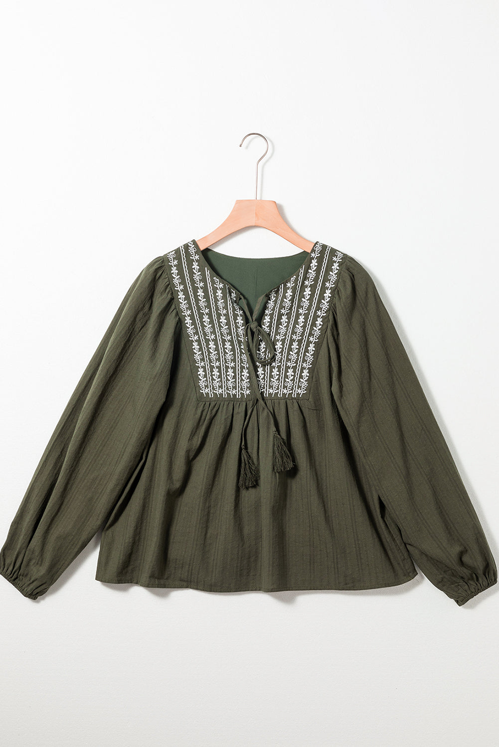 Embroidered Split Neck Pleated Loose Blouse