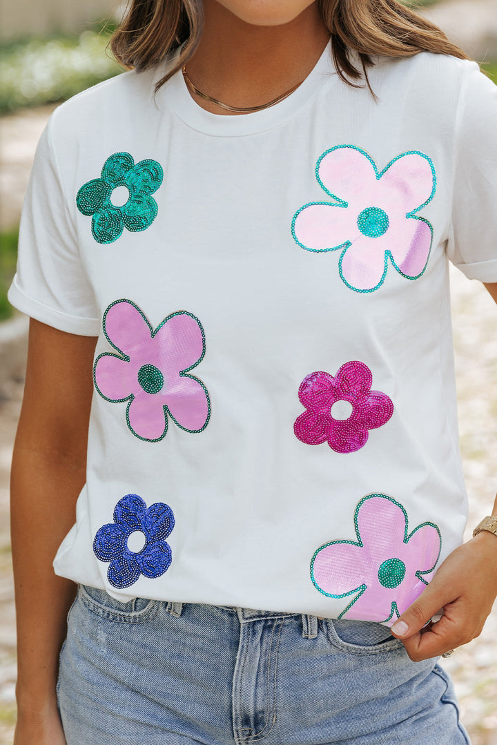 Sequined Flower Pattern Round Neck T Shirt