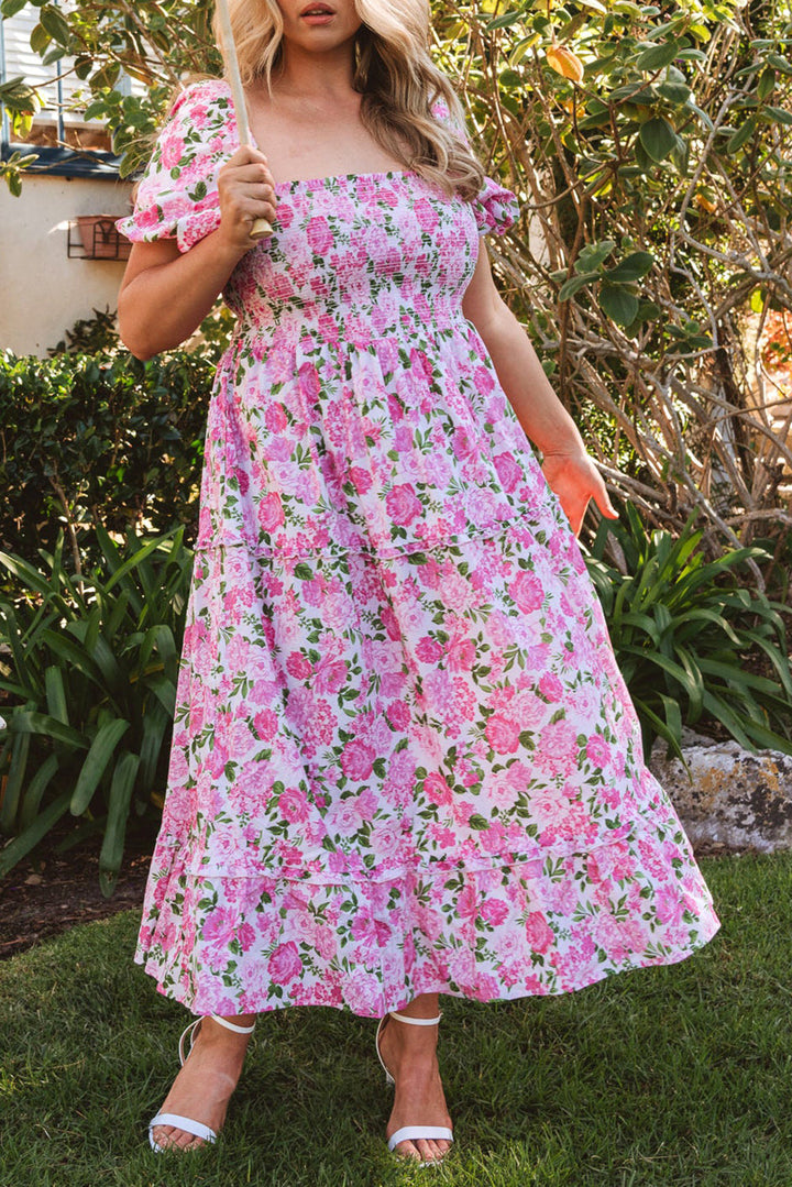 Plus Size Floral Print Smocked Puff Sleeve Dress