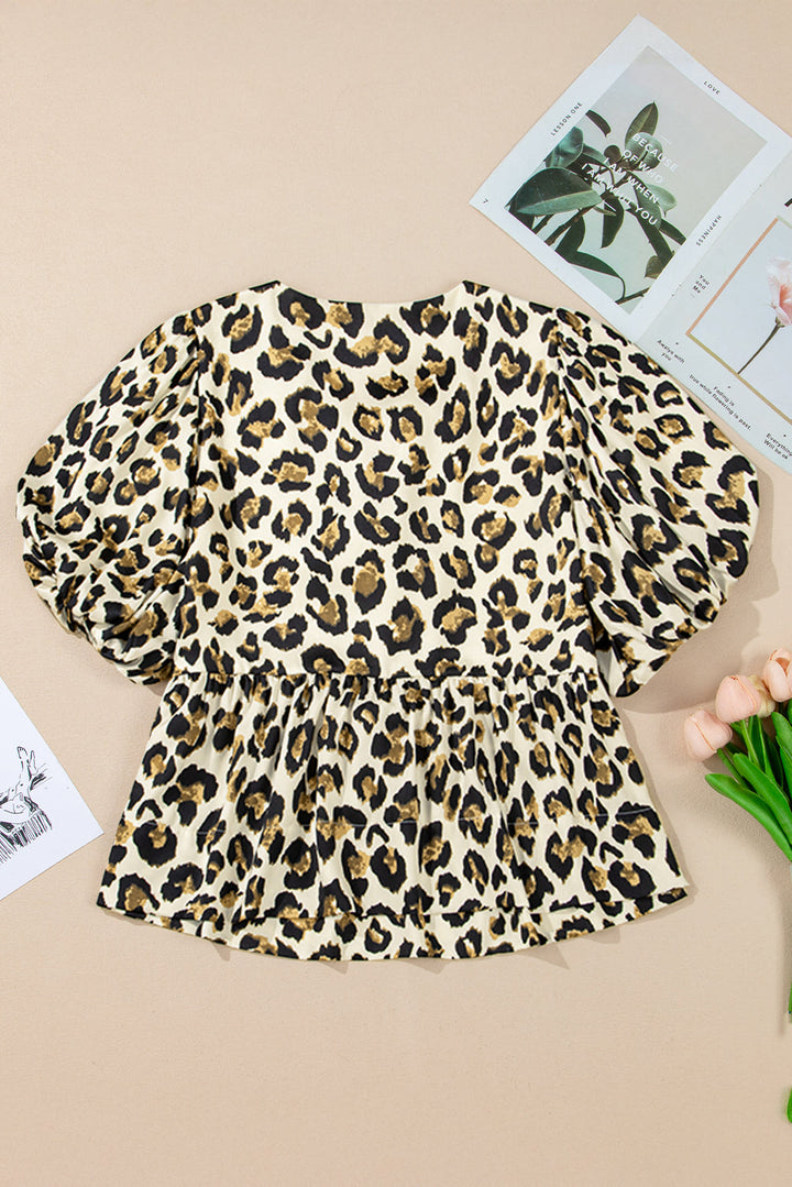 Leopard Bubble Sleeve Bow Tie Front Peplum Blouse