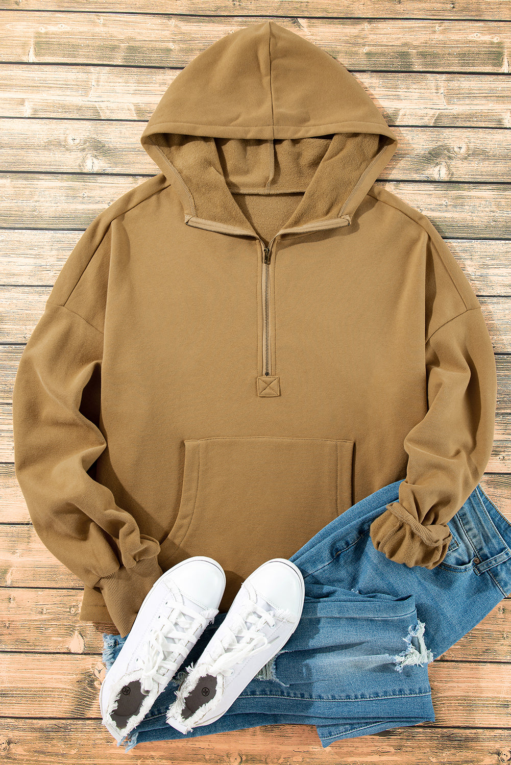 Fleece Lined Half Zipper Kangaroo Pockets Loose Hoodie