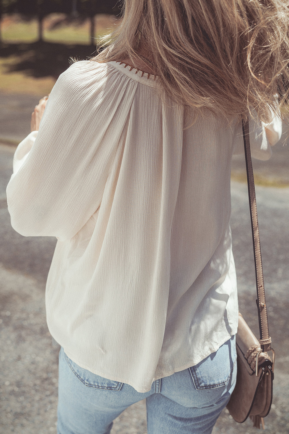 Floral Embroidered Textured Puff Sleeve Loose Shirt