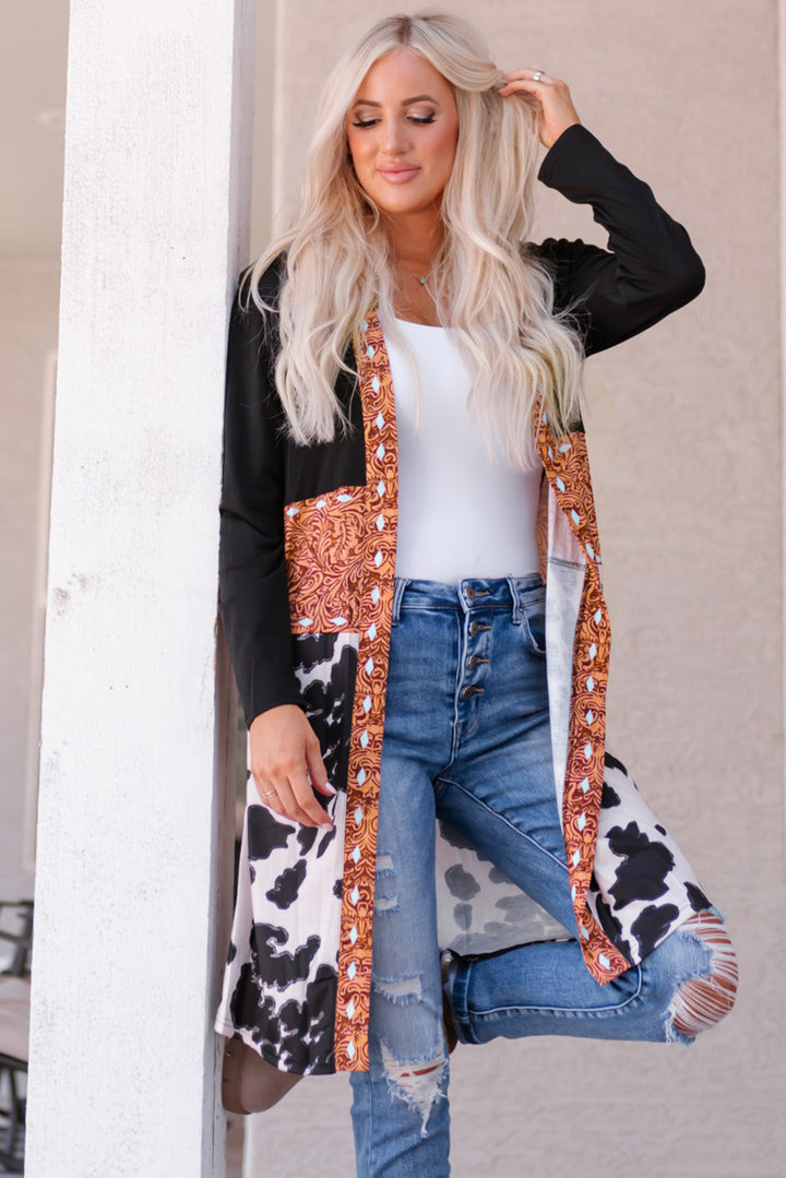 Western Pattern Cow Patchwork Open Front Cardigan