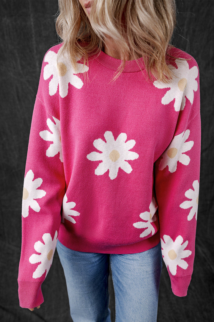 Daisy Flower Crew Neck Long Sleeve Sweater