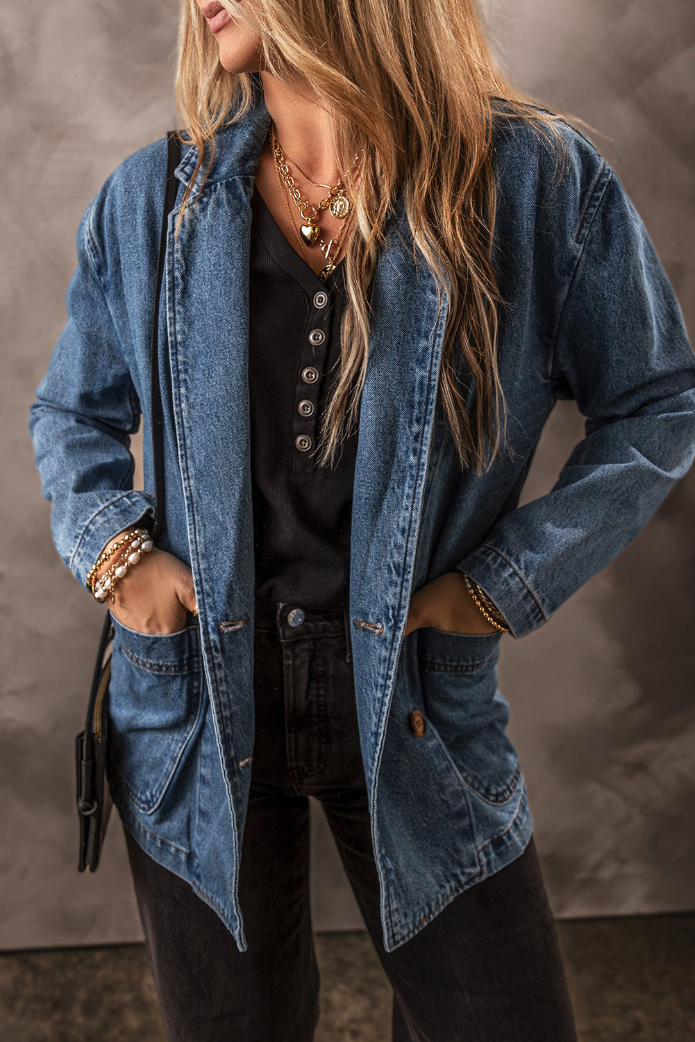 Side Pockets Lapel Collar Denim Jacket