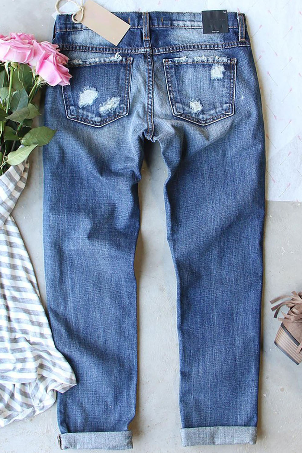 Sky Blue Heart-shape American Flag Patch Frayed Jeans