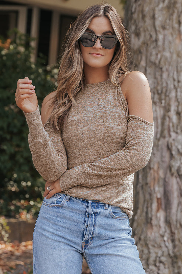 Marble Knit Cold Shoulder Long Sleeve Top