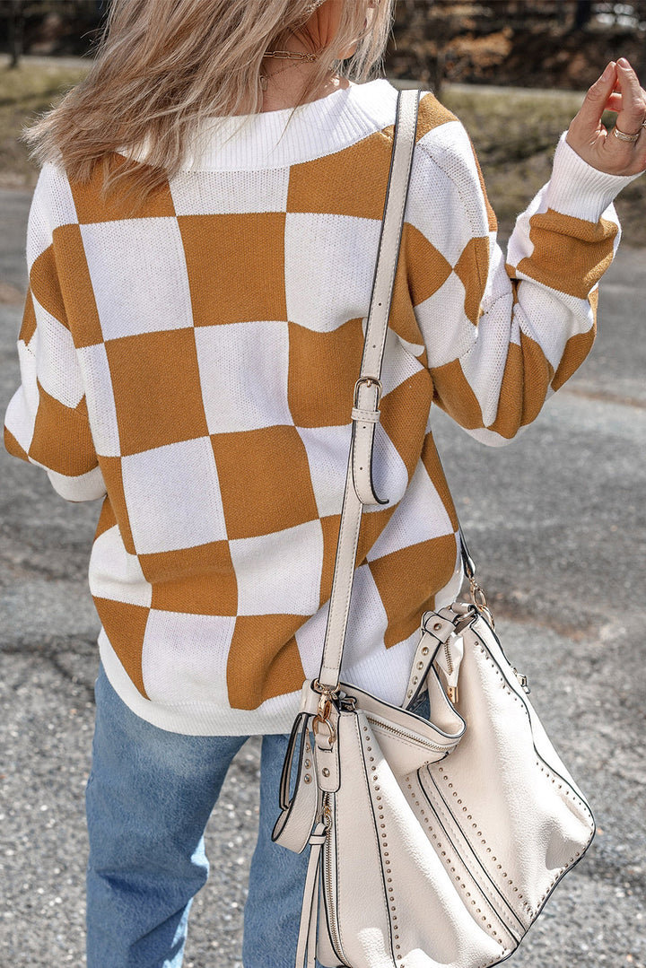 Contrast Checkered Print Button Up Sweater Cardigan