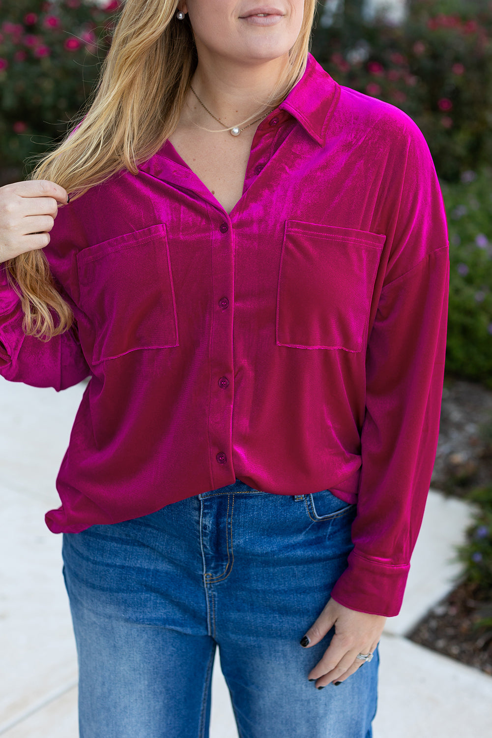 Plus Size Velvet Chest Pocket Drop Shoulder Shirt