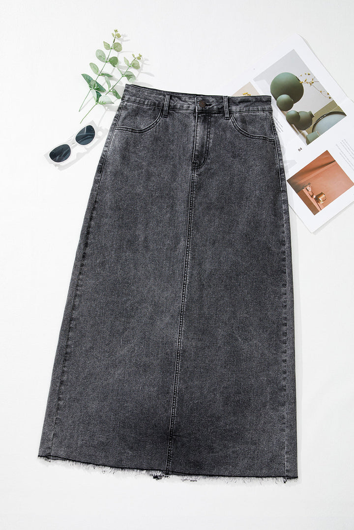 Denim Raw Hem Back Split High Waist Long Skirt