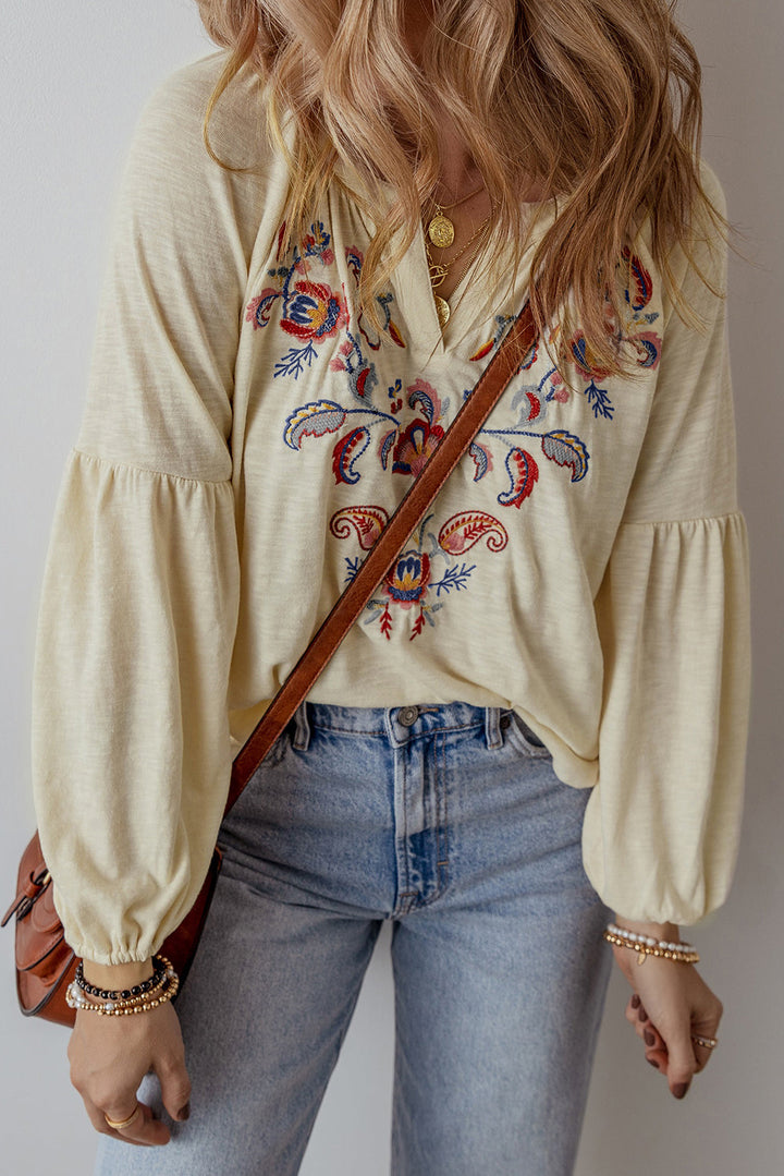 Paisley Floral Embroidered Notch V Neck Blouse