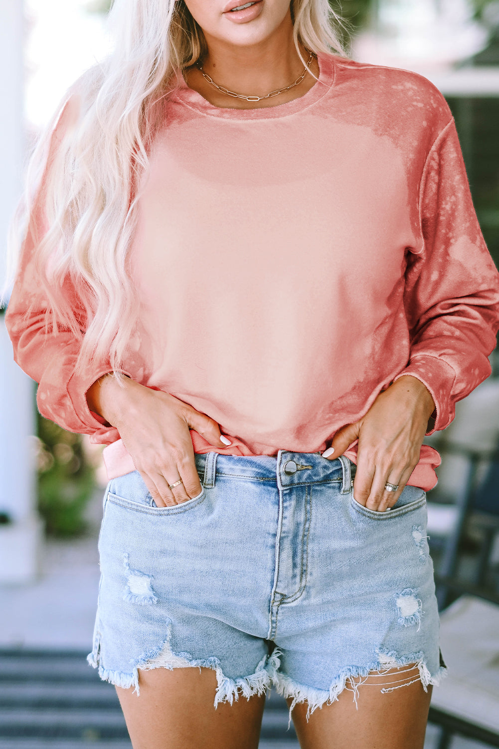 Bleached Round Neck Pullover Sweatshirt