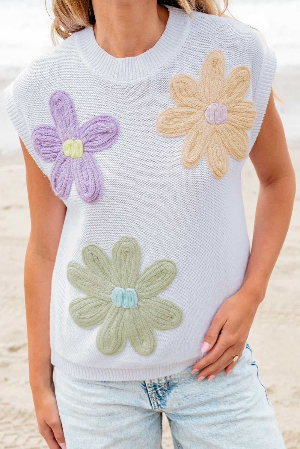 Multi Crochet Flower Knit Short Sleeve Sweater Tops