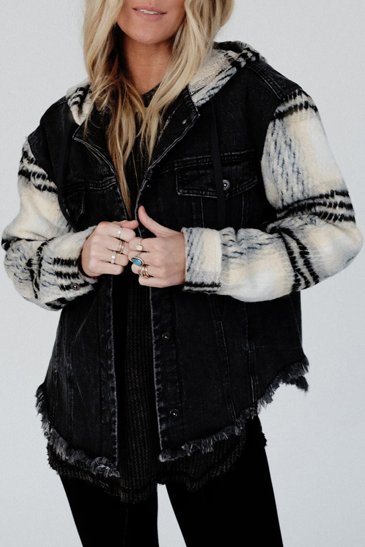 Plaid Sleeve Frayed Hem Hooded Denim Jacket