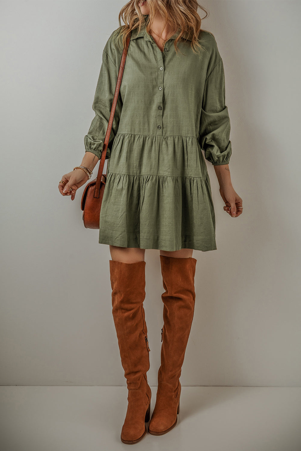 Puff Sleeve Buttoned Tiered Pleated Shirt Mini Dress