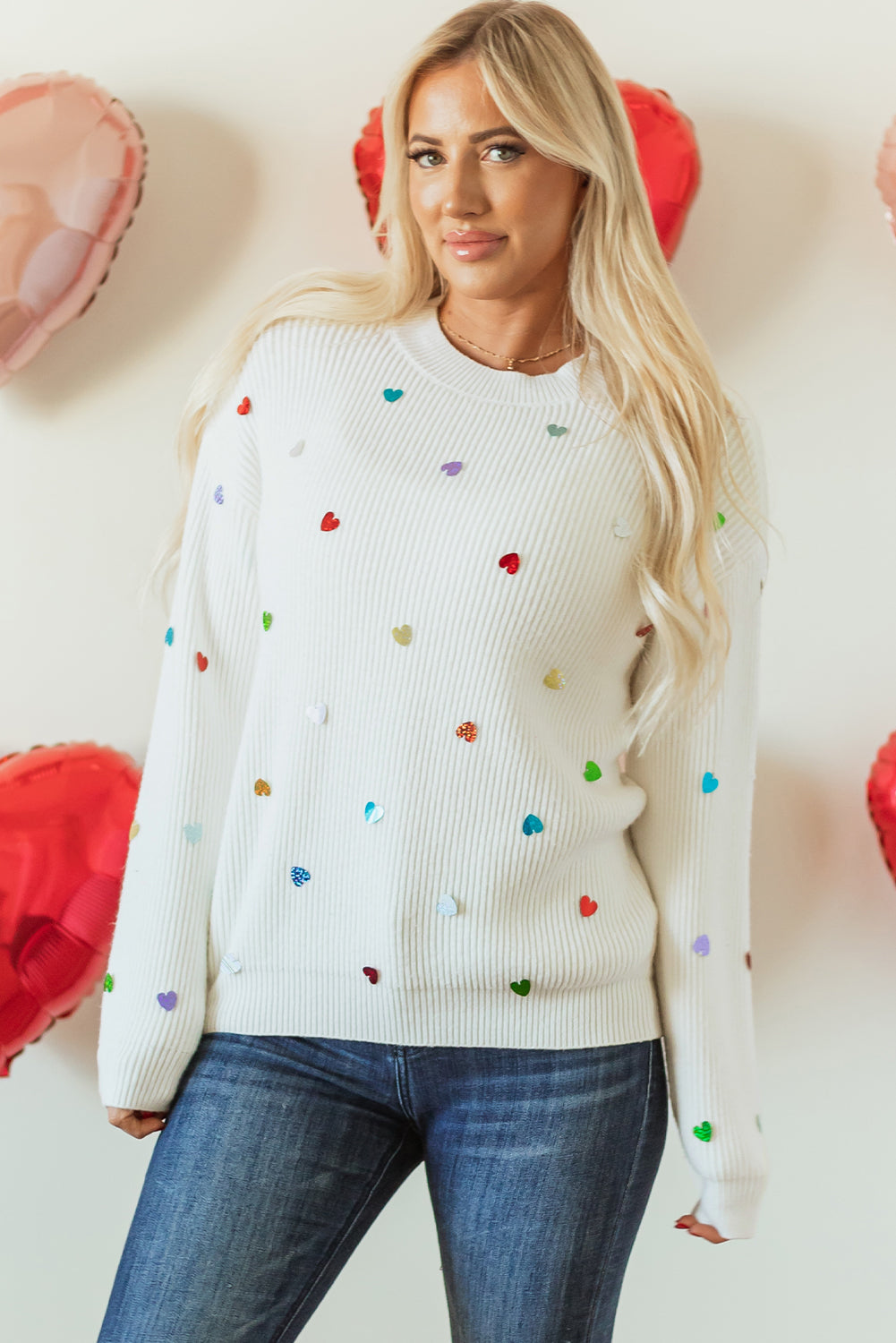 Sequin Heart Shape Waffle Knit Round Neck Sweater