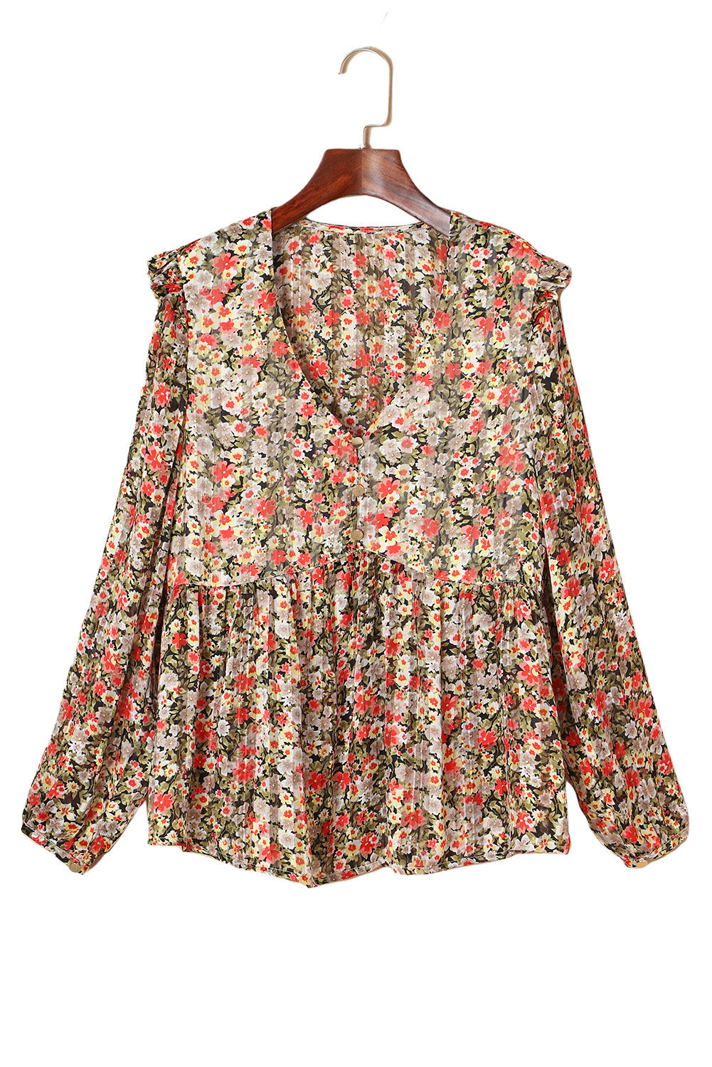 V Neck Ruffled Babydoll Floral Blouse