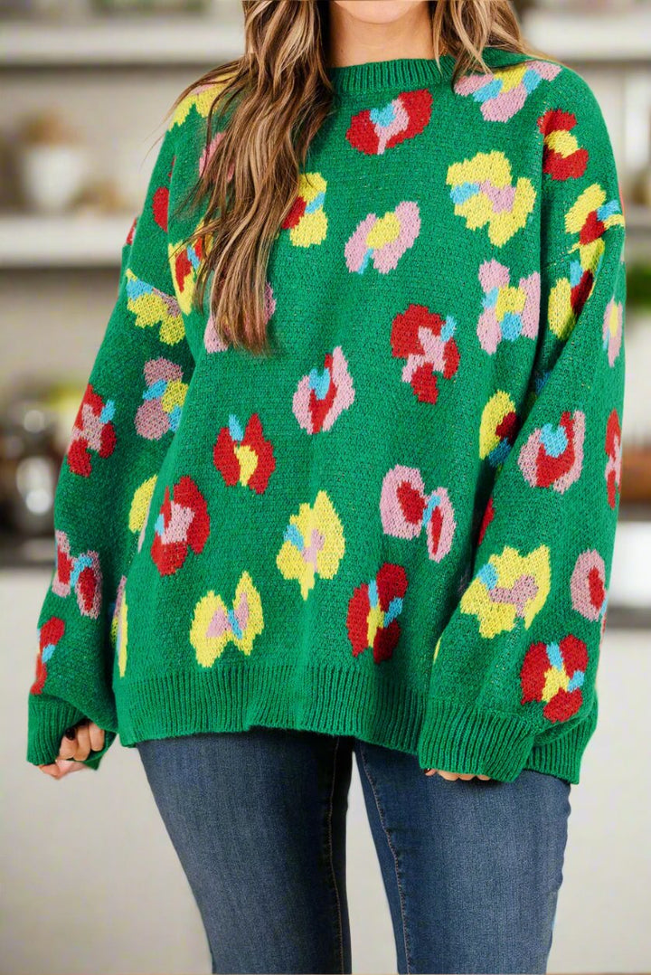 Plus Size Floral Knitted Ribbed Edge Drop Shoulder Sweater