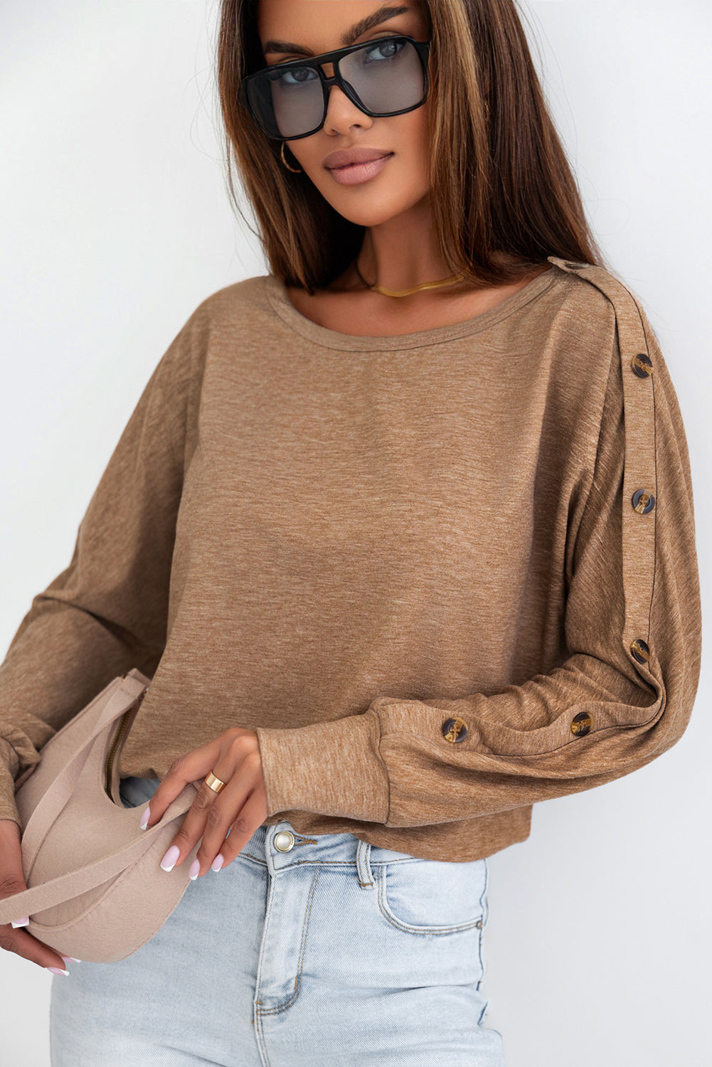 Solid Color Button Decor Dolman Sleeve Top